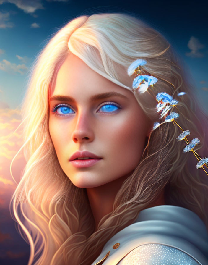 Digital artwork: Woman with blue eyes & feathered blonde hair in sunset setting