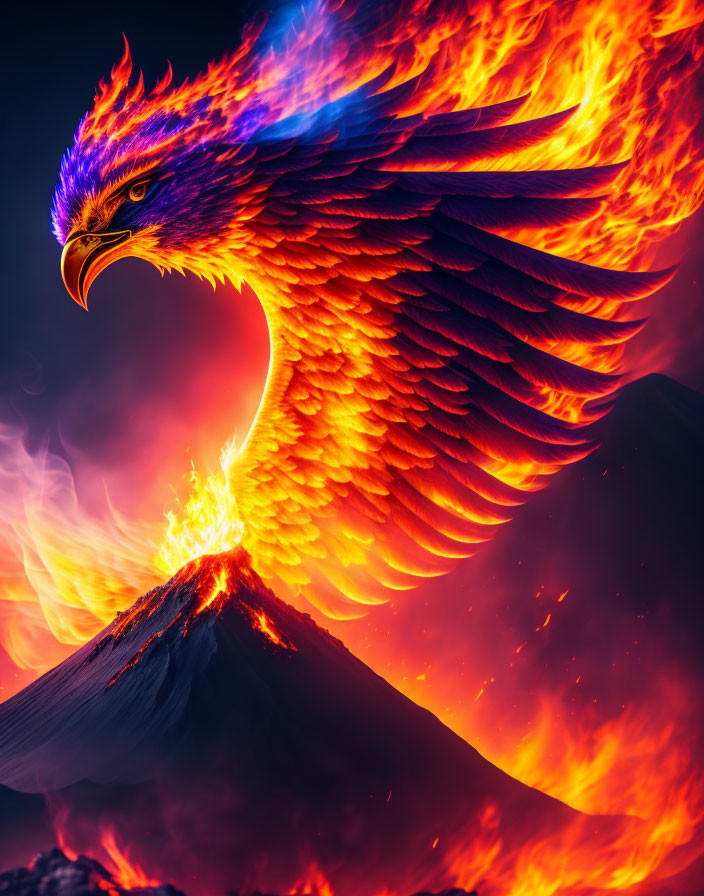 Vibrant blue and orange phoenix soaring over erupting volcano