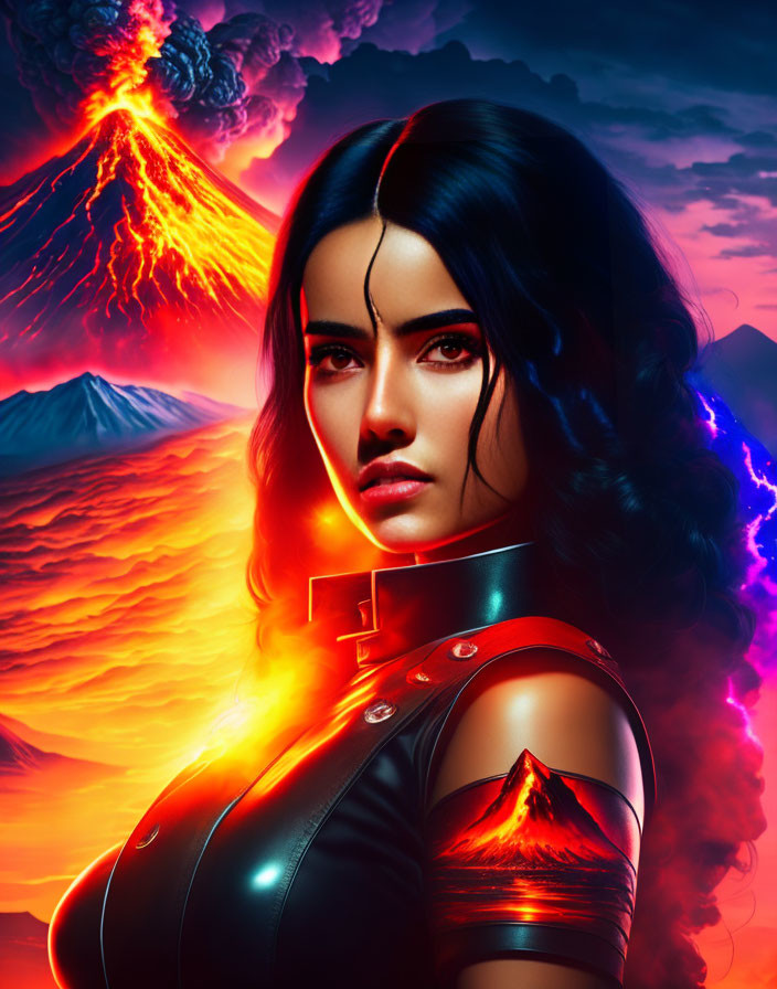 Striking-eyed woman in futuristic outfit against volcanic backdrop