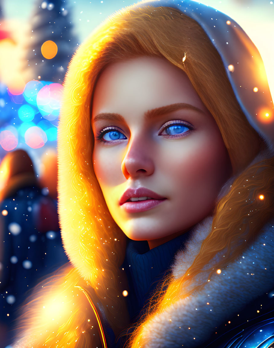 Close-Up of Woman with Blue Eyes and Blonde Hair in Snowy Festive Setting