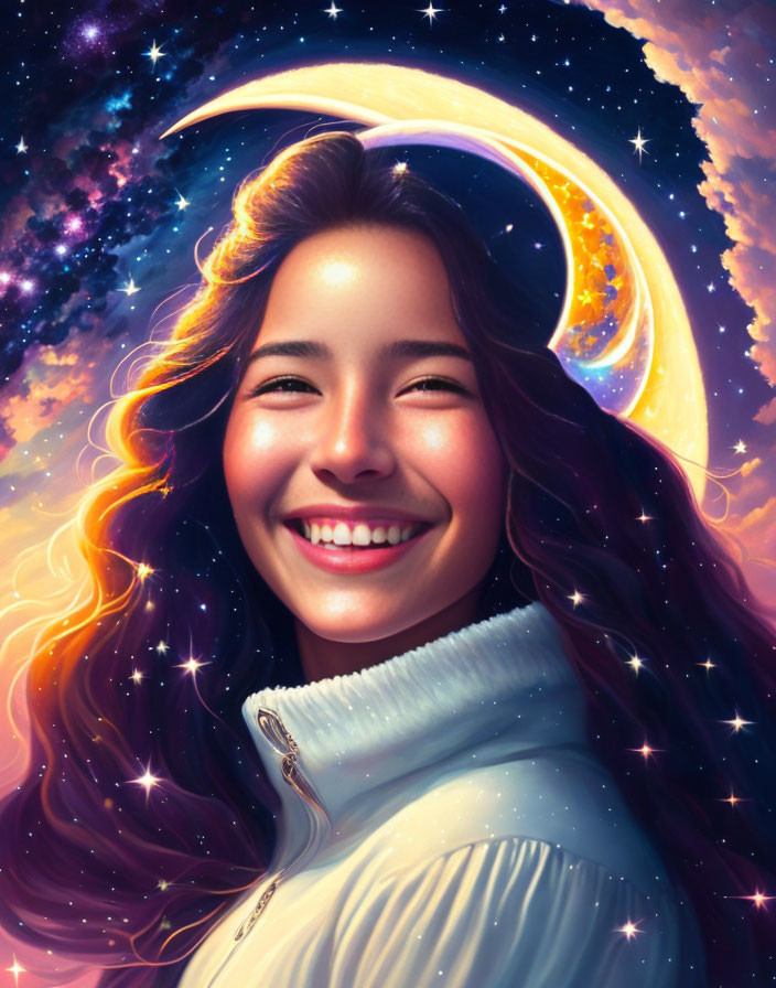 Smiling woman with flowing hair in cosmic setting