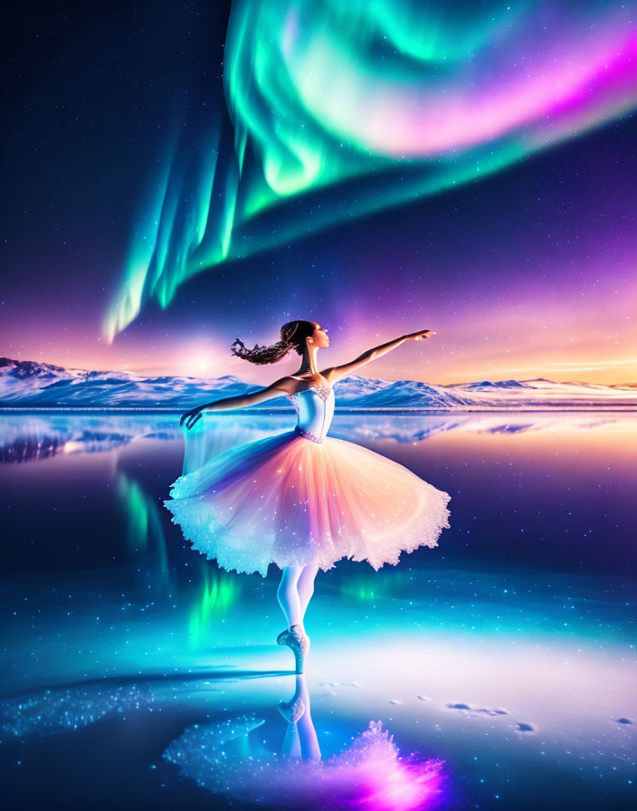 Ballerina on Water with Aurora Borealis