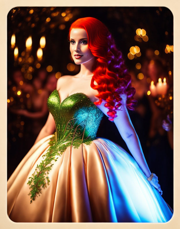 Vibrant Red-Haired Woman in Green and Gold Gown in Candlelit Setting