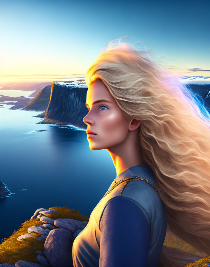 Golden-haired woman gazes at sunset over ocean cliff