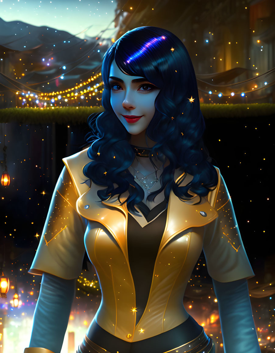 Blue-haired woman in glowing attire against sparkling lights.