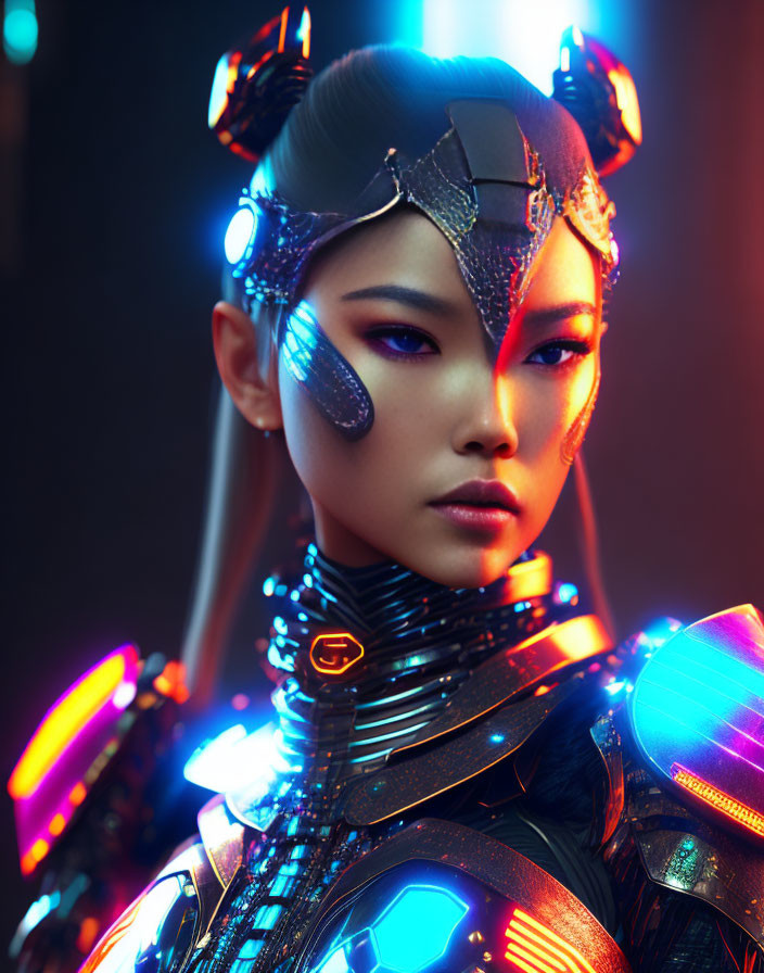 Futuristic warrior in neon-lit armor with cybernetic enhancements