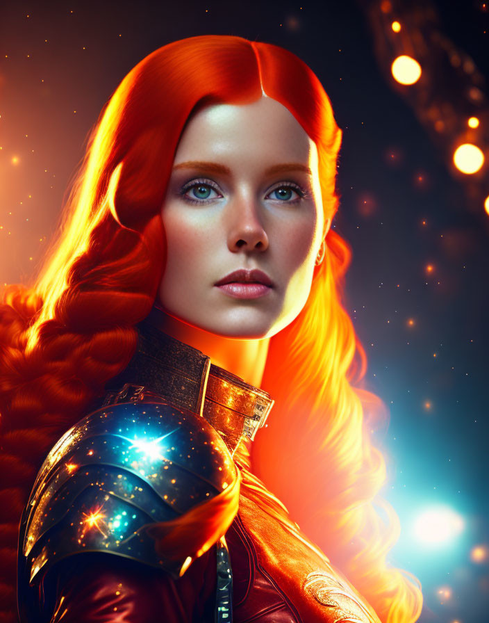 Digital Artwork: Woman with Red Hair in Futuristic Armor