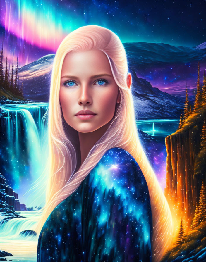 Blonde-haired woman portrait with northern lights backdrop