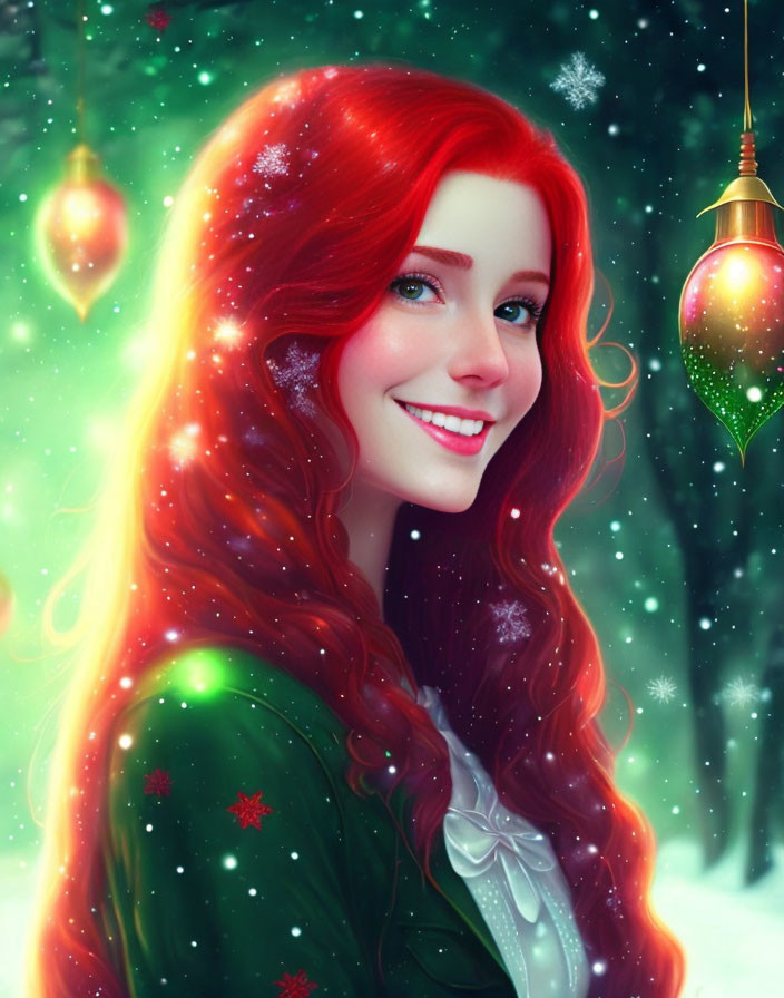 Red-haired woman in green dress smiling in snowy scene with festive decorations