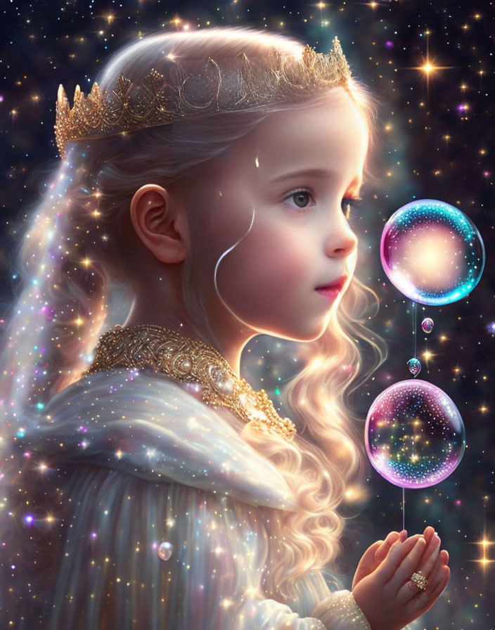 Young girl with crown gazes at cosmic bubbles in starry background