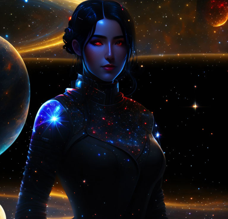 Digital artwork: Woman with red eyes and dark hair in futuristic suit against cosmic backdrop