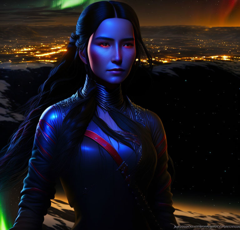 Digital portrait of woman with glowing skin in blue and red attire against night-time Earth backdrop with auroras