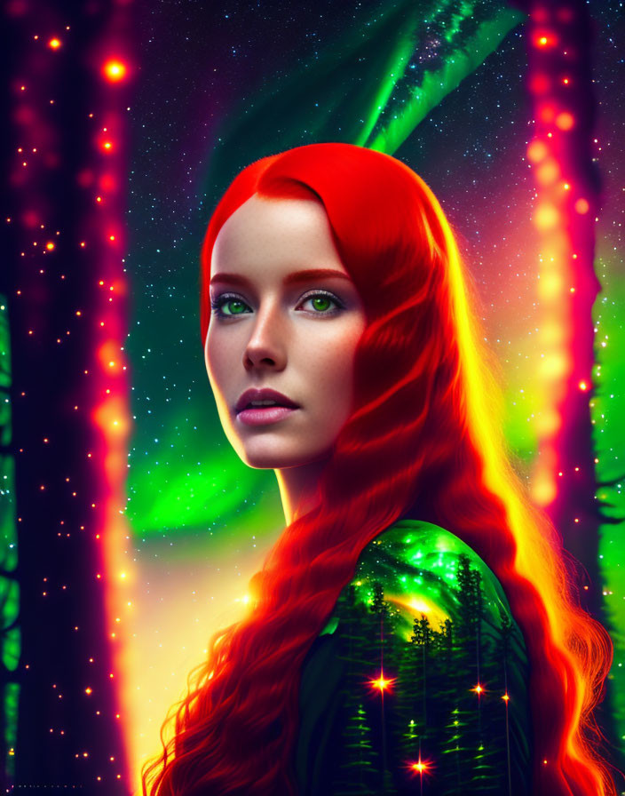 Vibrant red hair and green eyes in fantasy digital art