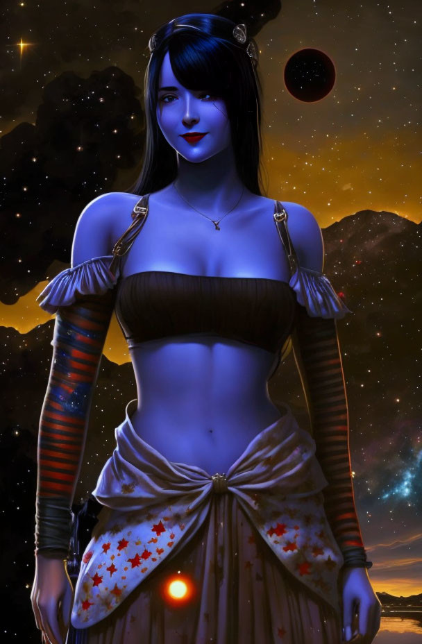 Blue-skinned female figure in futuristic attire against cosmic backdrop