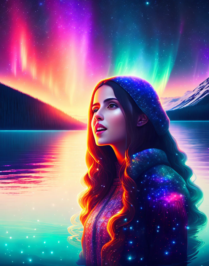 Woman in galaxy-themed outfit under aurora borealis at mountain lake