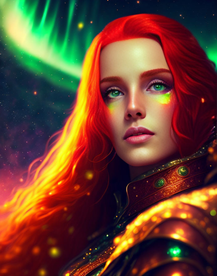 Woman with flowing red hair in ornate armor, set against green aurora and stars