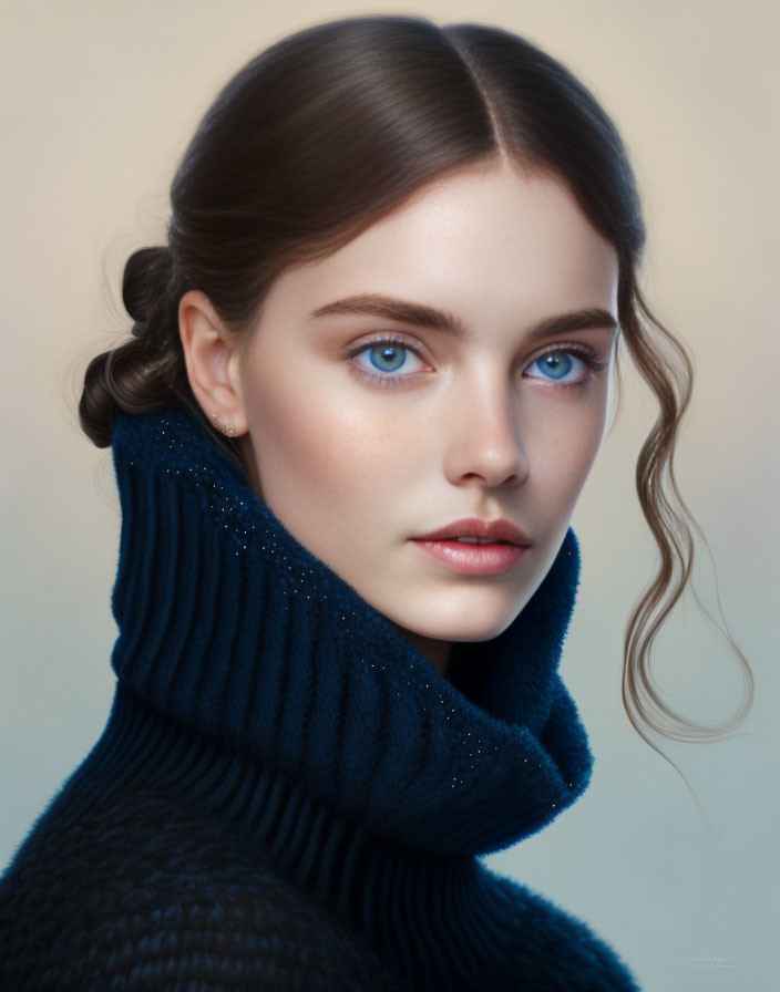 Brunette woman with blue eyes in dark blue turtleneck sweater