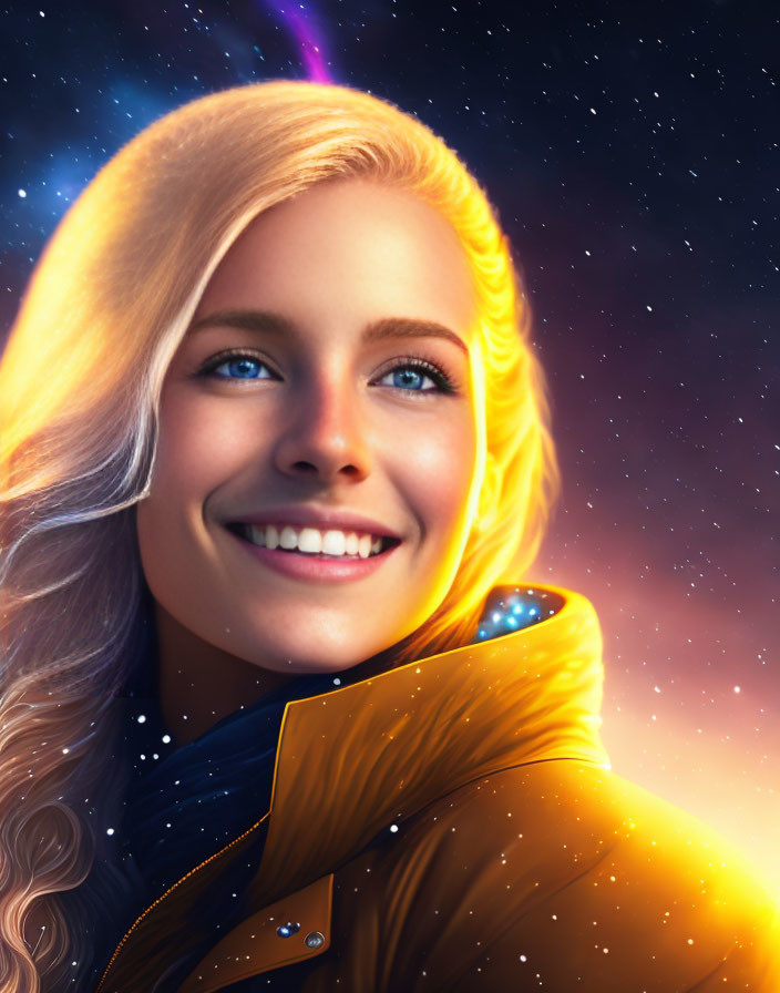 Blonde Woman in Yellow Jacket on Cosmic Background