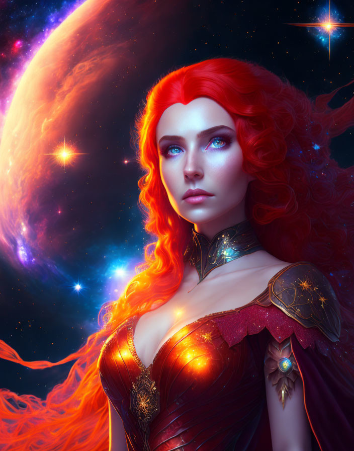 Red-haired woman with blue eyes in cosmic setting.