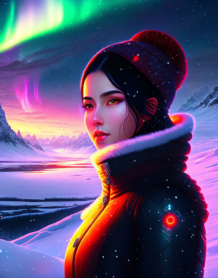 Digital artwork: Woman in winter jacket with fur collar, under northern lights, twilight mountain landscape.