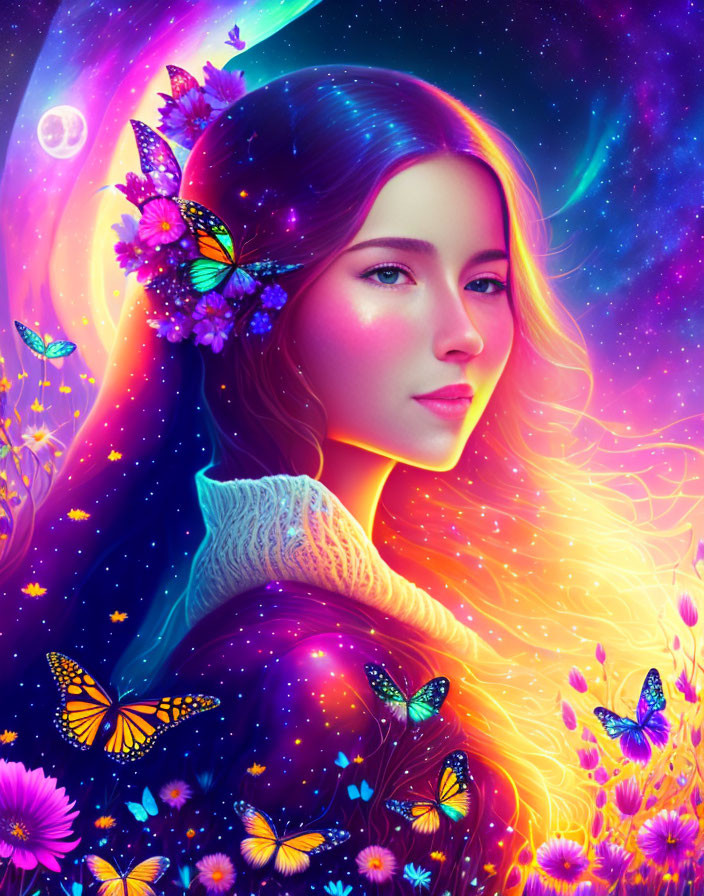 Colorful digital portrait with butterflies and cosmic background.