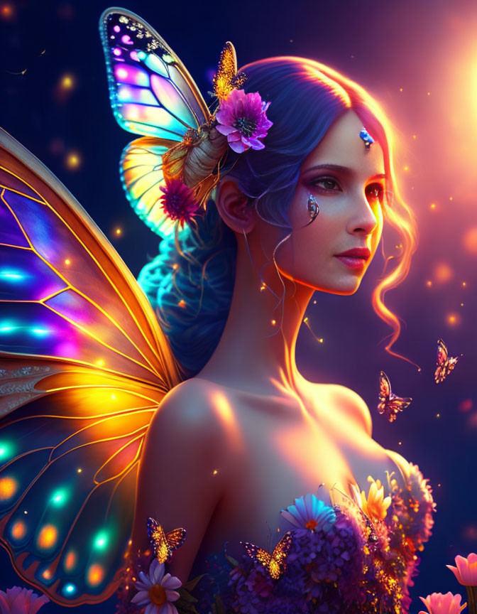 Vivid butterfly wings on a woman in a magical setting