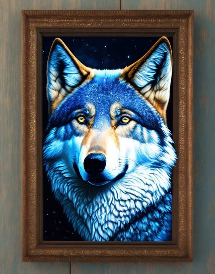 Realistic wolf portrait with starry night background in blue and yellow tones