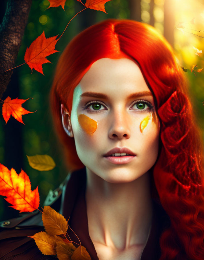 Woman with vivid red hair and autumn leaves, sunlight illuminating her features.