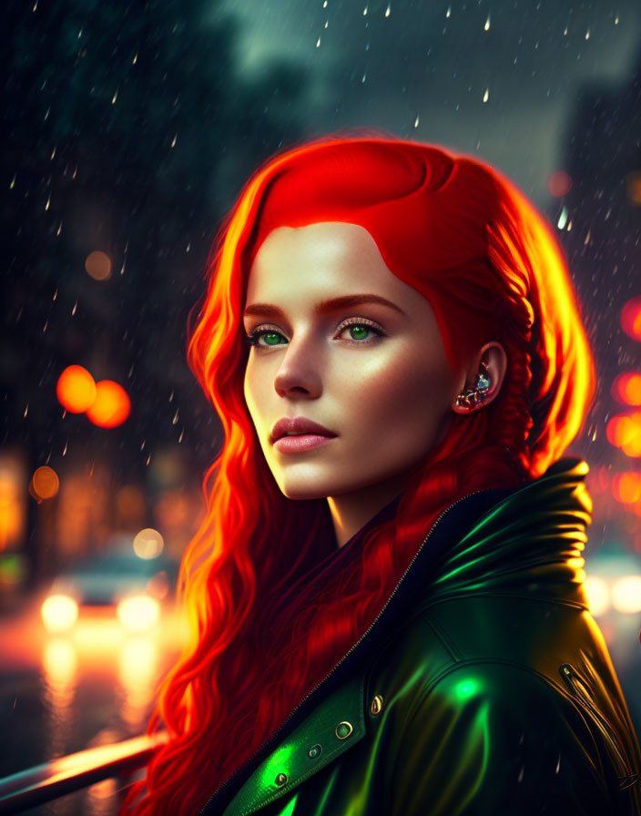 Striking red-haired woman in green jacket against city night backdrop