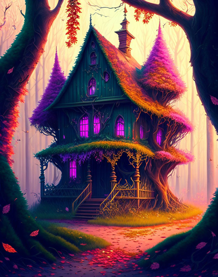 Enchanted forest with whimsical house and purple-roofed trees