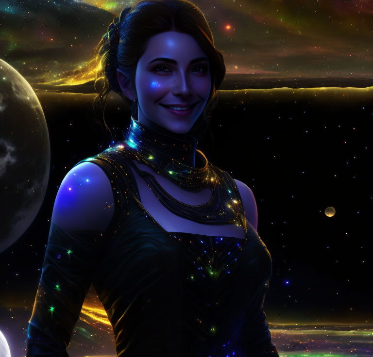 Smiling woman with updo in cosmic setting