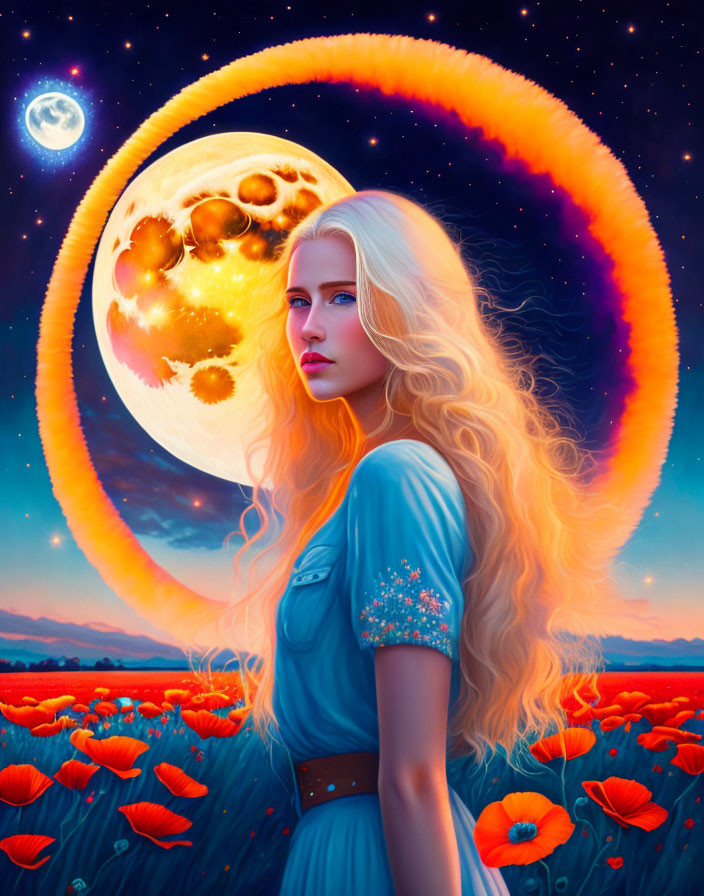 Blonde woman in poppy field under night sky with detailed moon