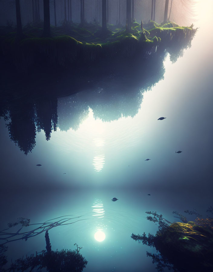 Tranquil underwater scene with sun rays, floating island, and fish