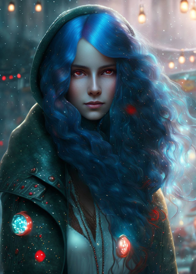 Digital artwork: Woman with vibrant blue hair in hood, mystical gaze, snowy backdrop