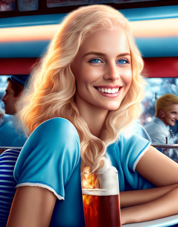 Blond woman in blue uniform with soda in retro diner