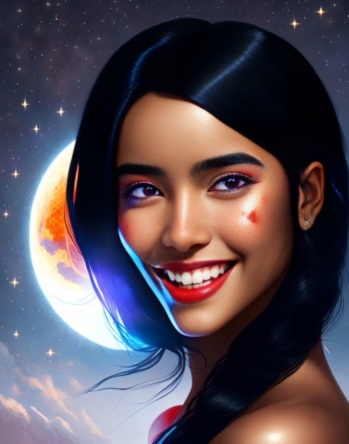 Smiling woman digital artwork with cosmic background