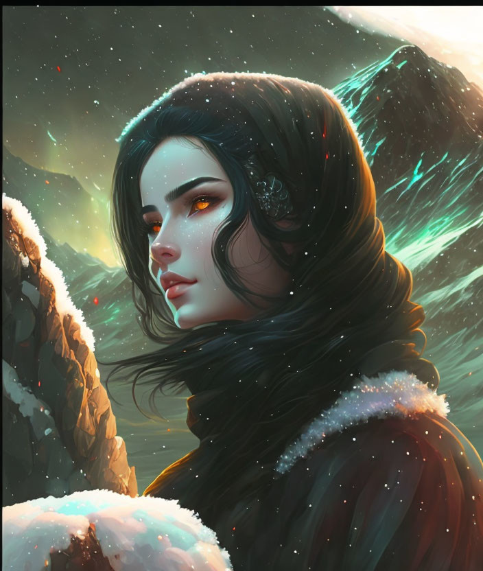 Digital painting of woman with black hair and golden eyes in snowy landscape with auroras