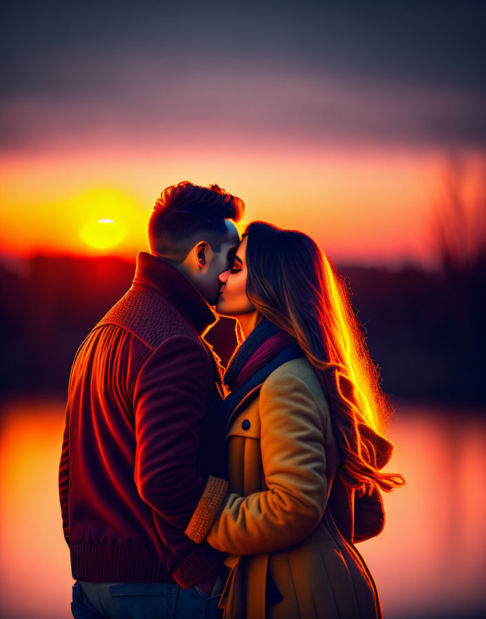 Romantic couple embraces against vivid sunset backdrop