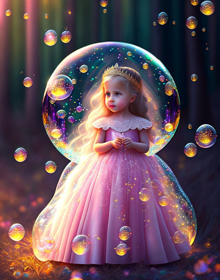 Young girl in pink princess dress in magical forest with glowing bubbles