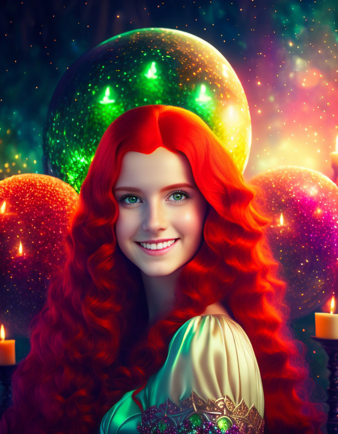 Bright Red-Haired Woman with Green Eyes Surrounded by Colorful Orbs and Candlelight