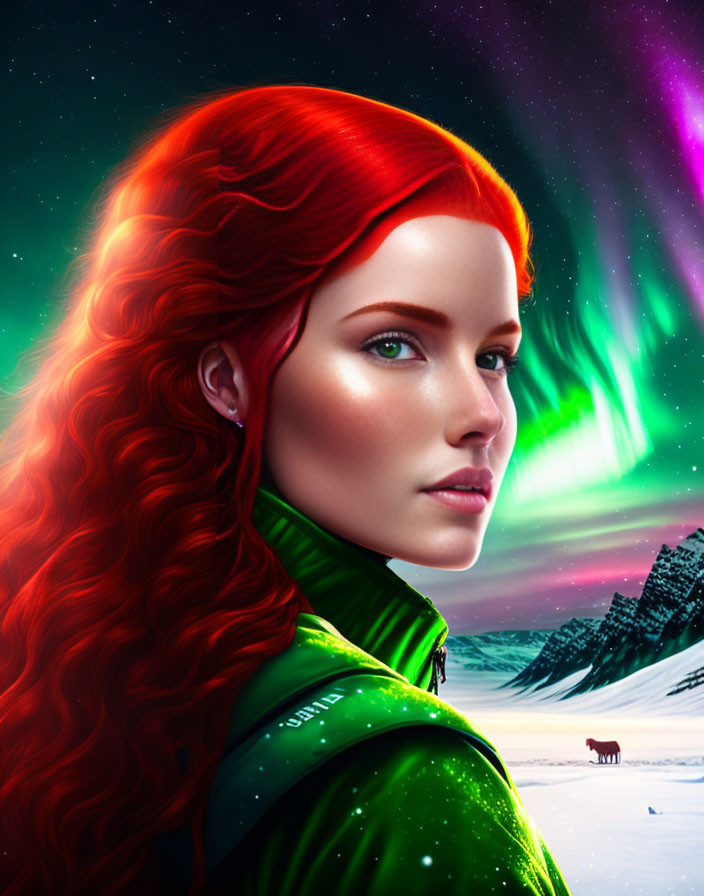 Digital artwork: Woman with red hair and green eyes in green jacket, aurora borealis and snowy