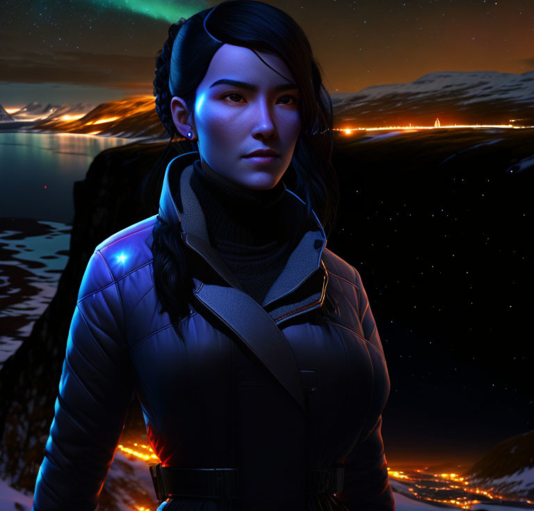 Digital illustration: Woman with braided hair in futuristic outfit against aurora night landscape