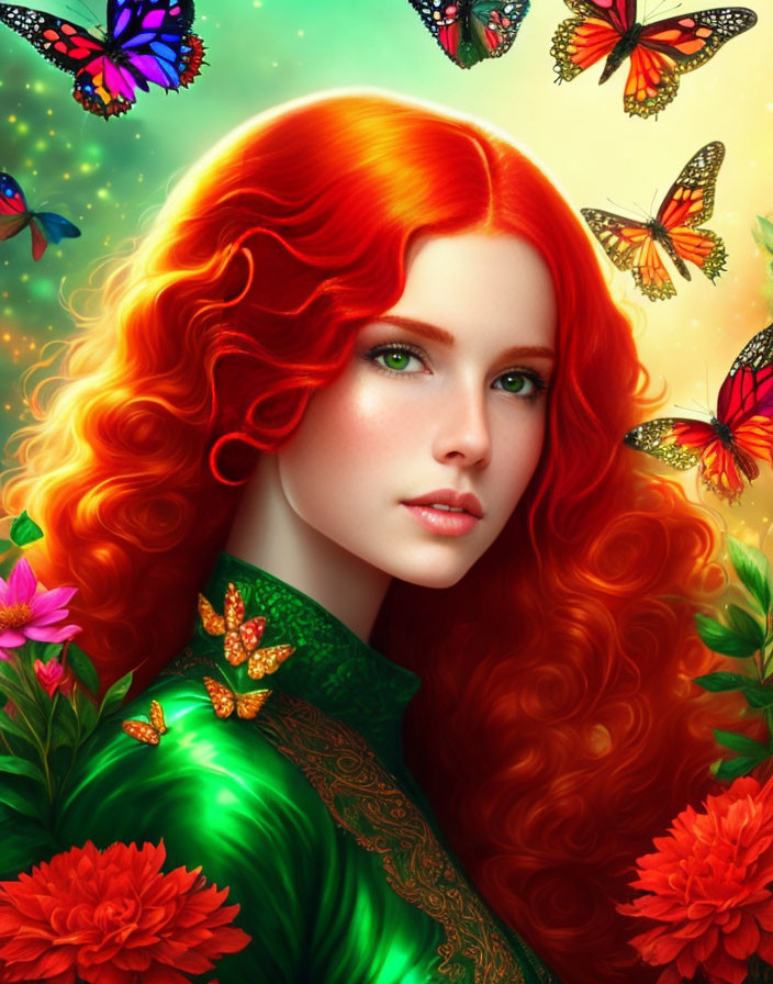 Colorful digital art featuring woman with red hair, green eyes, butterflies, and flowers.