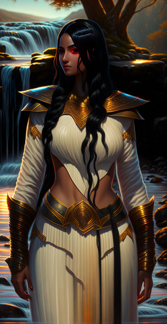 Digital artwork: Woman with black hair and red highlights in white and gold armor against waterfall backdrop