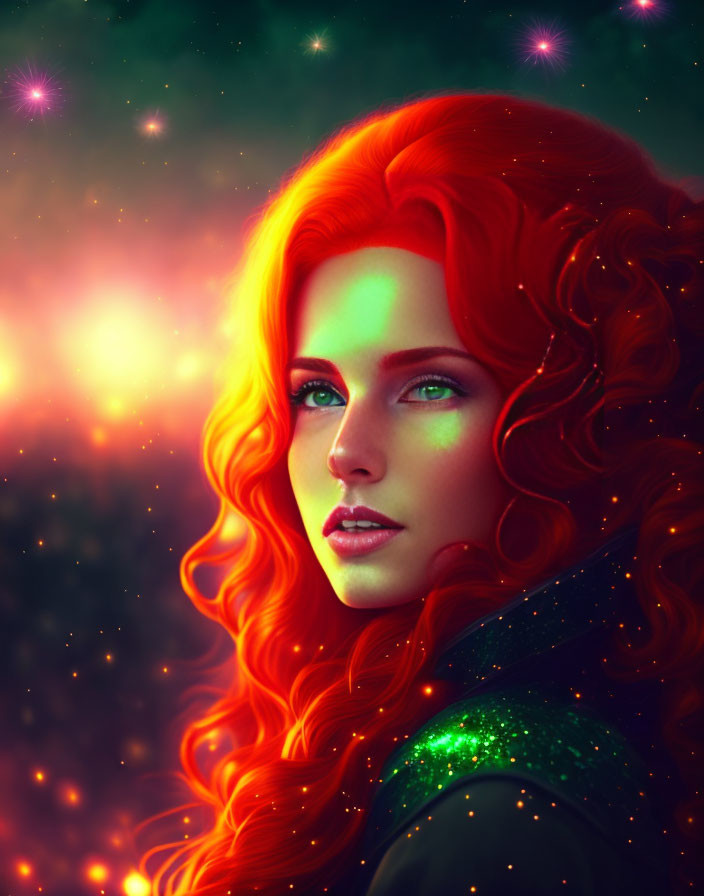 Digital portrait of woman with red hair and green eyes in cosmic setting