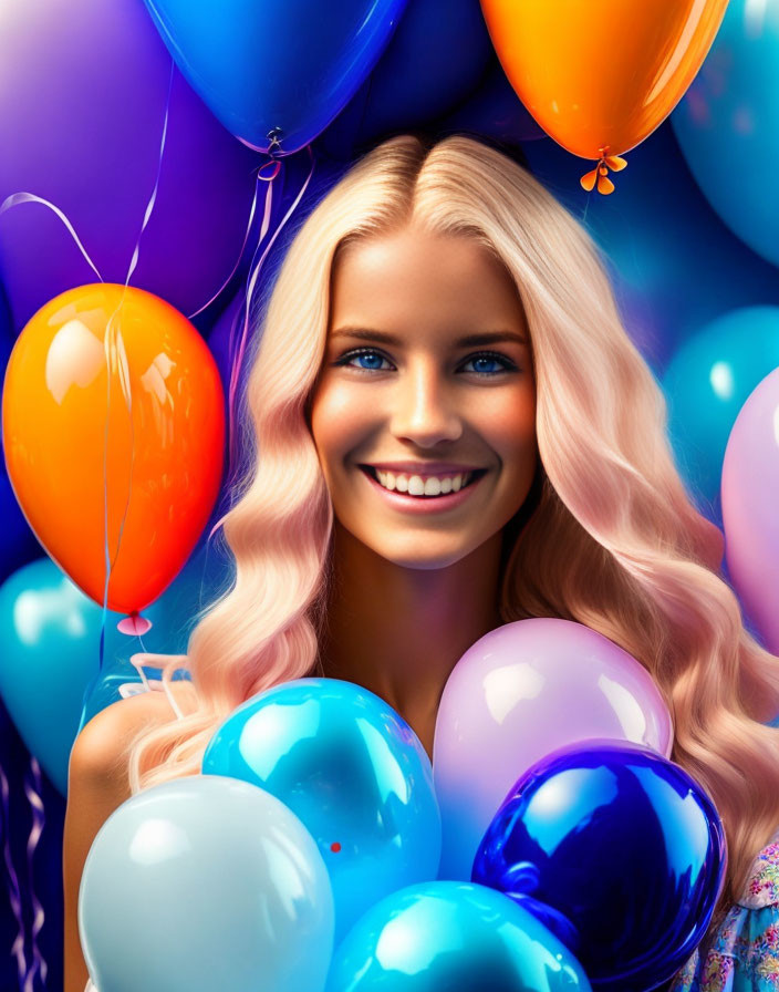 Blonde woman with colorful balloons in blue, purple, and orange