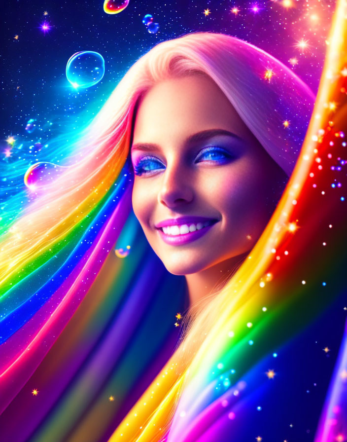 Colorful digital portrait: Smiling woman with rainbow hair in space-themed setting