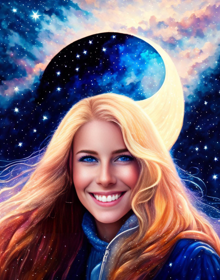 Smiling woman with cosmic features in digital artwork