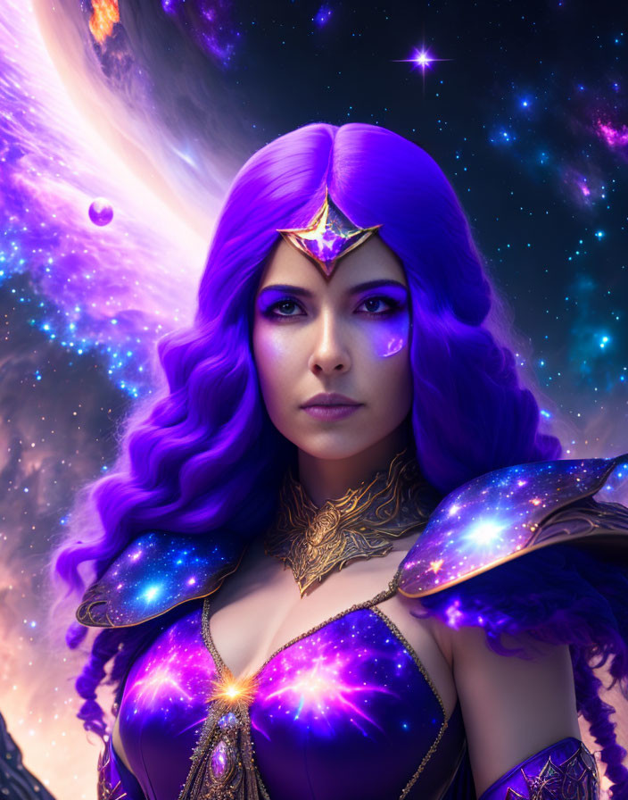 Cosmic-themed digital artwork of woman with purple hair