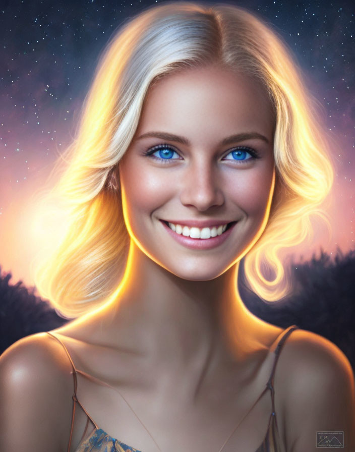 Portrait of a smiling woman with blue eyes and blonde hair against a starry night sky.